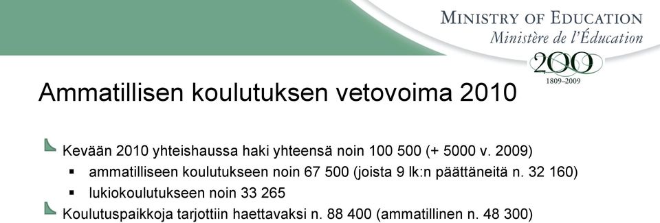 2009) ammatilliseen koulutukseen noin 67 500 (joista 9 lk:n päättäneitä