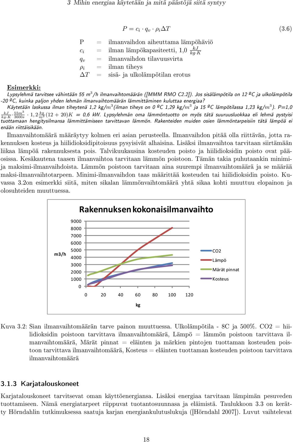 vähintään 55 m 3 /h ilmanvaihtomäärän ([MMM RMO C2.2]). Jos sisälämpötila on 12 ºC ja ulkolämpötila -20 ºC, kuinka paljon yhden lehmän ilmanvaihtomäärän lämmittäminen kuluttaa energiaa?