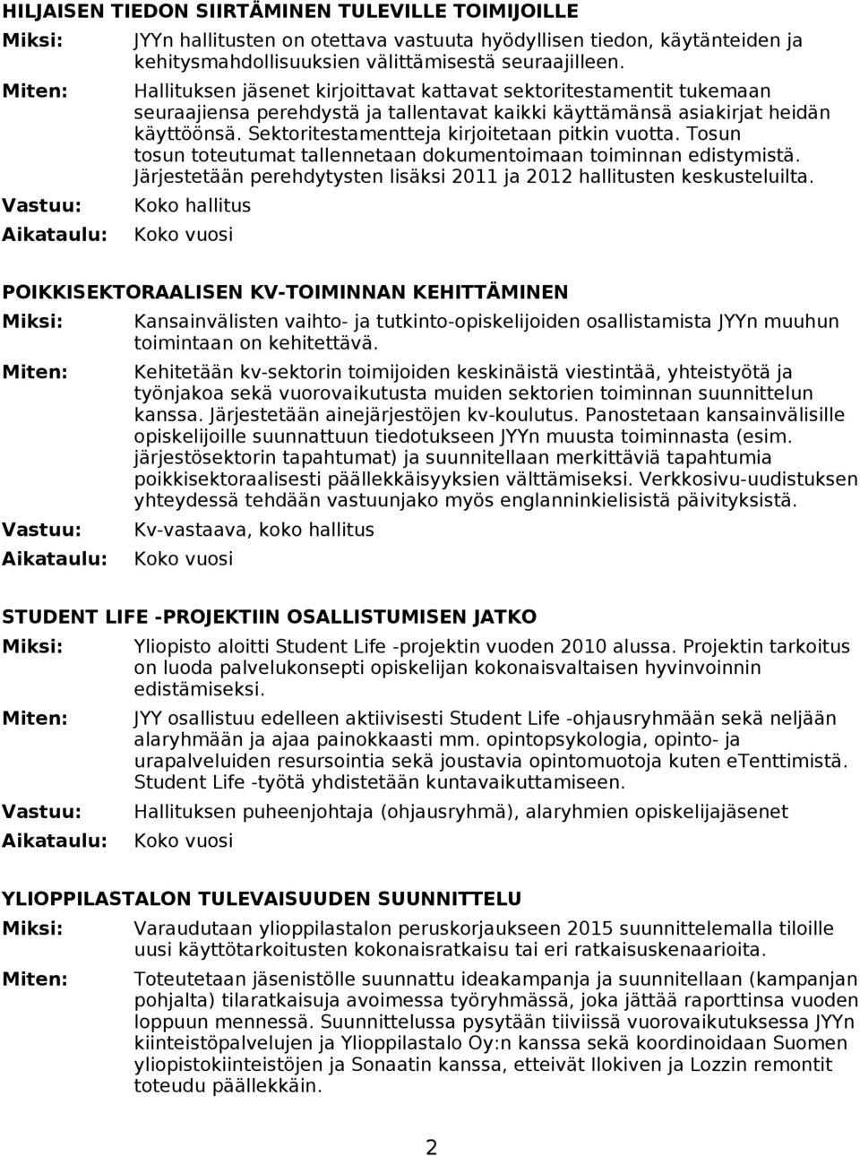 Sektoritestamentteja kirjoitetaan pitkin vuotta. Tosun tosun toteutumat tallennetaan dokumentoimaan toiminnan edistymistä. Järjestetään perehdytysten lisäksi 2011 ja 2012 hallitusten keskusteluilta.