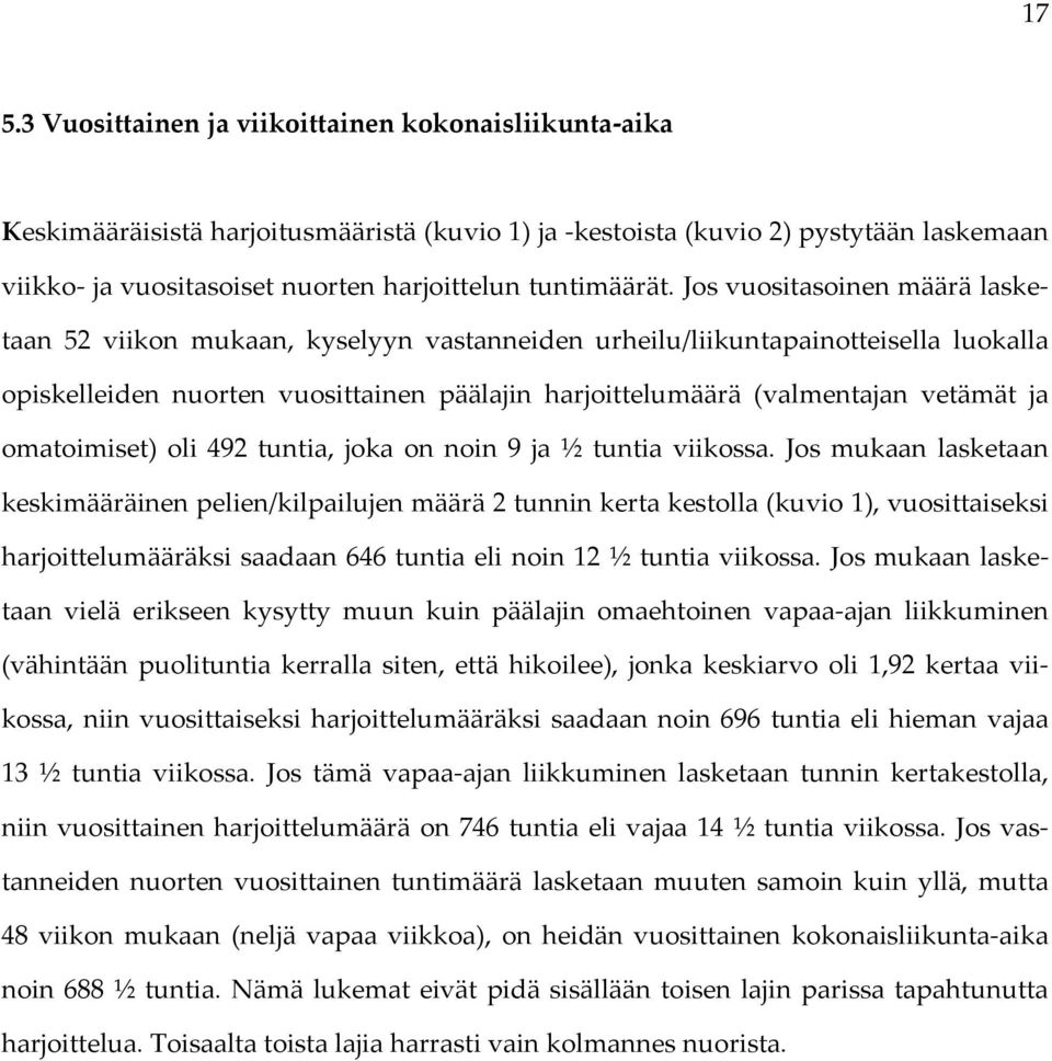 Jos vuositasoinen määrä lasketaan 52 viikon mukaan, kyselyyn vastanneiden urheilu/liikuntapainotteisella luokalla opiskelleiden nuorten vuosittainen päälajin harjoittelumäärä (valmentajan vetämät ja