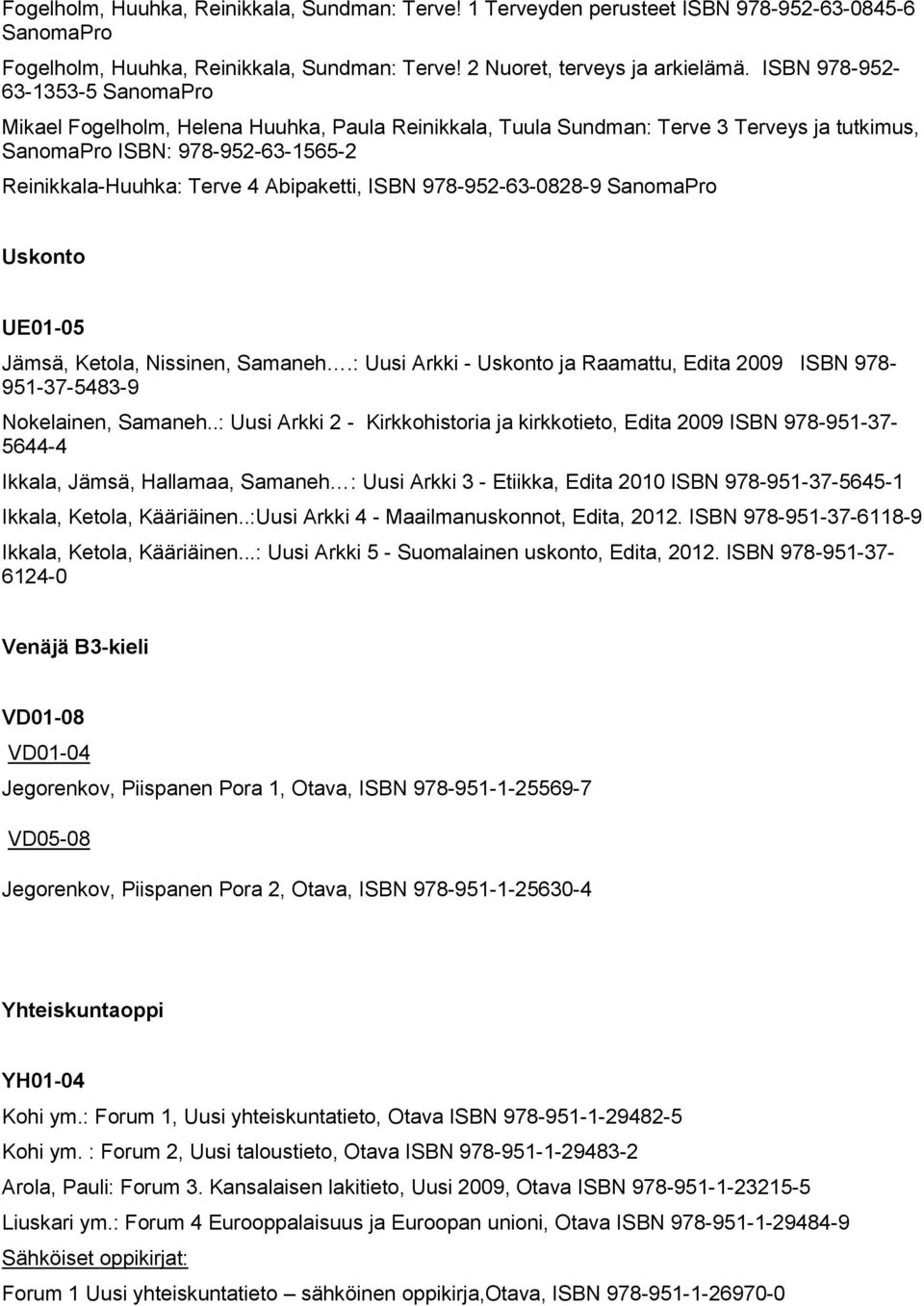 Abipaketti, ISBN 978-952-63-0828-9 SanomaPro Uskonto UE01-05 Jämsä, Ketola, Nissinen, Samaneh.: Uusi Arkki - Uskonto ja Raamattu, Edita 2009 ISBN 978-951-37-5483-9 Nokelainen, Samaneh.