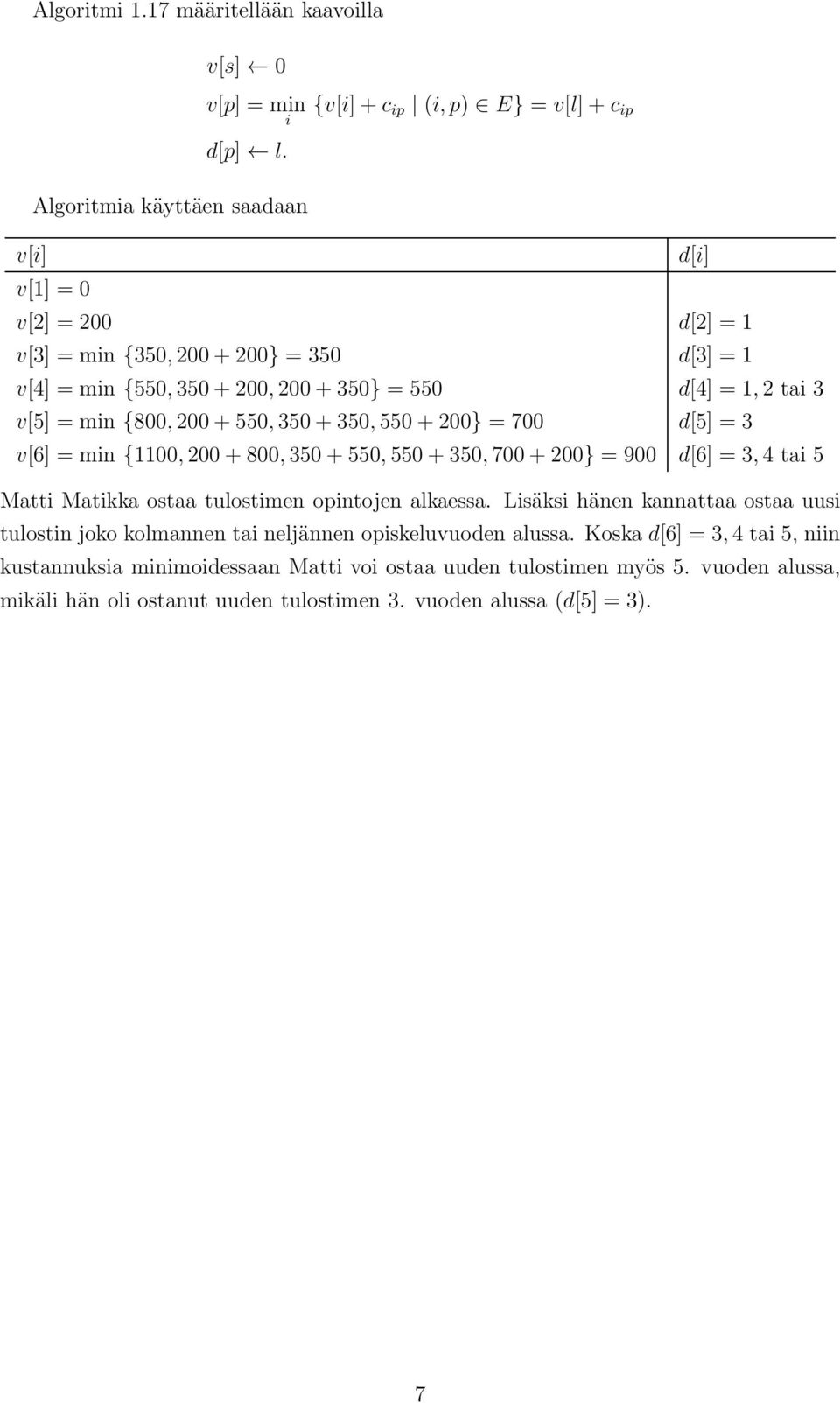 tai 3 v[5] = min {800,200+550,350+350,550+200} = 700 d[5] = 3 v[6] = min {1100,200+800,350+550,550+350,700+200} = 900 d[6] = 3,4 tai 5 Matti Matikka ostaa tulostimen opintojen