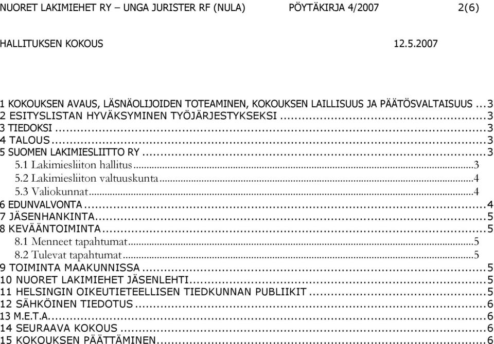 .. 4 7 JÄSENHANKINTA... 5 8 KEVÄÄNTOIMINTA... 5 8.1 Menneet tapahtumat... 5 8.2 Tulevat tapahtumat... 5 9 TOIMINTA MAAKUNNISSA.