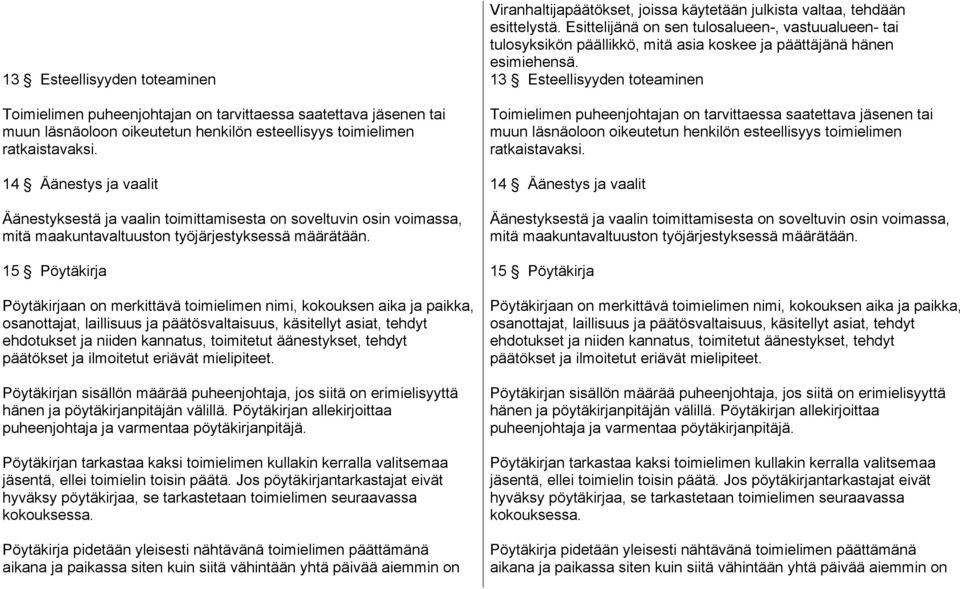 15 Pöytäkirja Pöytäkirjaan on merkittävä toimielimen nimi, kokouksen aika ja paikka, osanottajat, laillisuus ja päätösvaltaisuus, käsitellyt asiat, tehdyt ehdotukset ja niiden kannatus, toimitetut