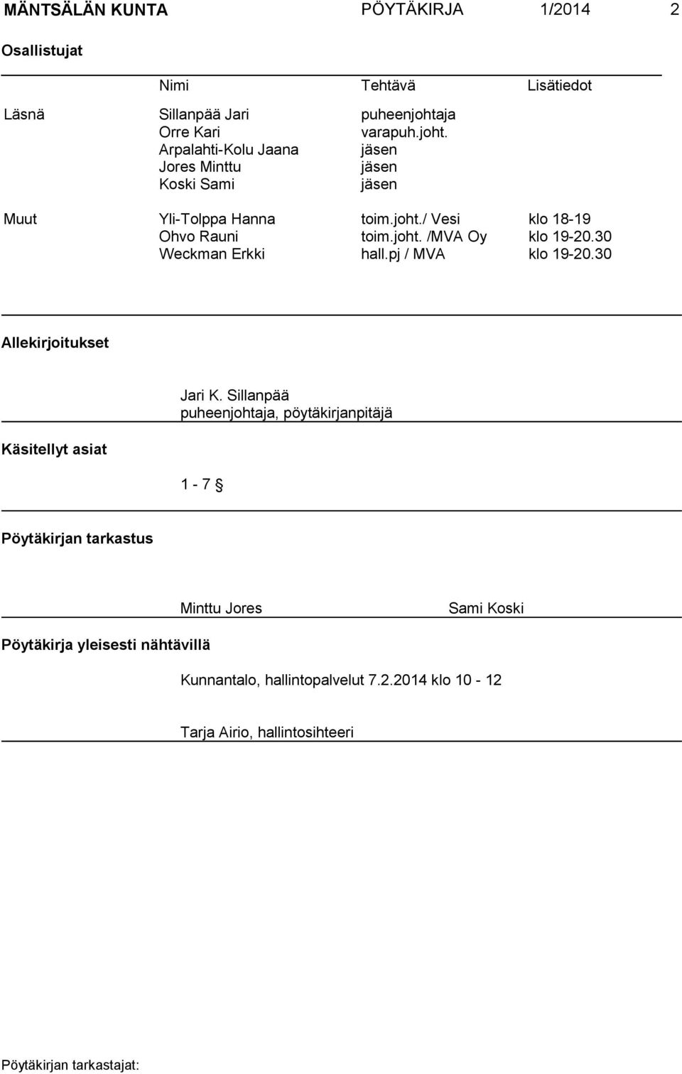 joht. /MVA Oy klo 19-20.30 Weckman Erkki hall.pj / MVA klo 19-20.30 Allekirjoitukset Käsitellyt asiat Jari K.