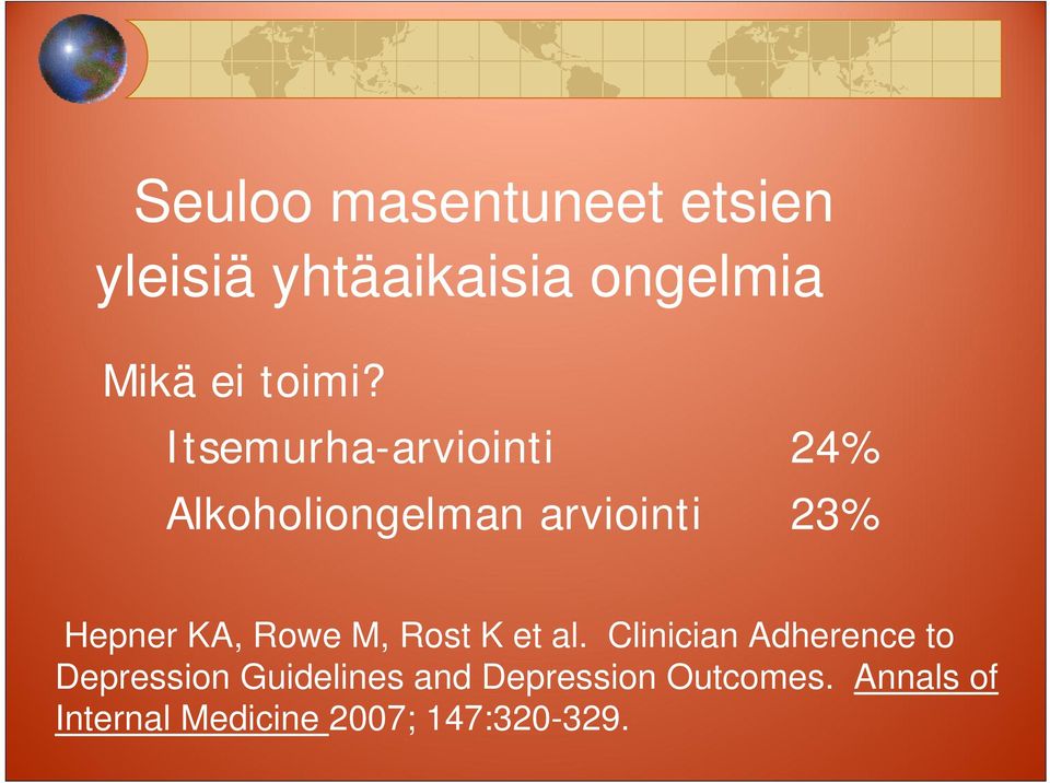 Itsemurha-arviointi 24% Alkoholiongelman arviointi 23% Hepner KA,
