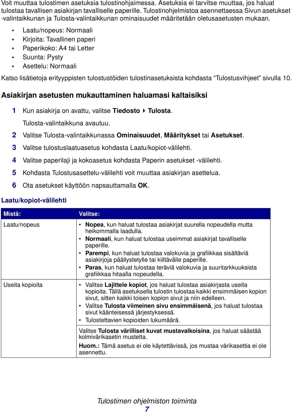 Ltu/nopeus: Normli Kirjoit: Tvllinen pperi Pperikoko: A4 ti Letter Suunt: Pysty Asettelu: Normli Ktso lisätietoj erityyppisten tulostustöiden tulostinsetuksist kohdst Tulostusvihjeet sivull 10.