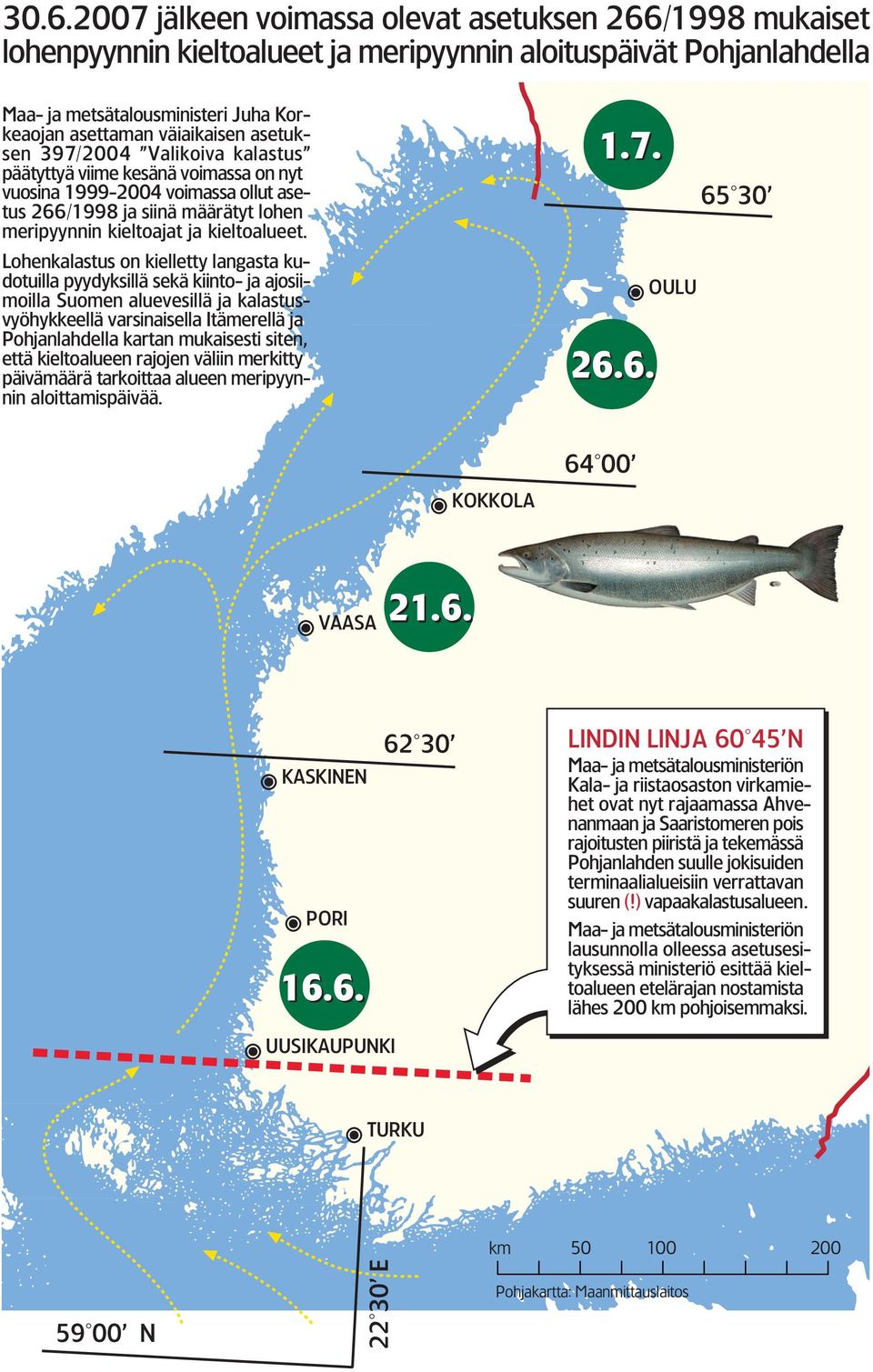 Lohenkalastus on kielletty langasta kudotuilla pyydyksillä sekä kiinto ja ajosiimoilla Suomen aluevesillä ja kalastusvyöhykkeellä varsinaisella Itämerellä ja Pohjanlahdella kartan mukaisesti siten,