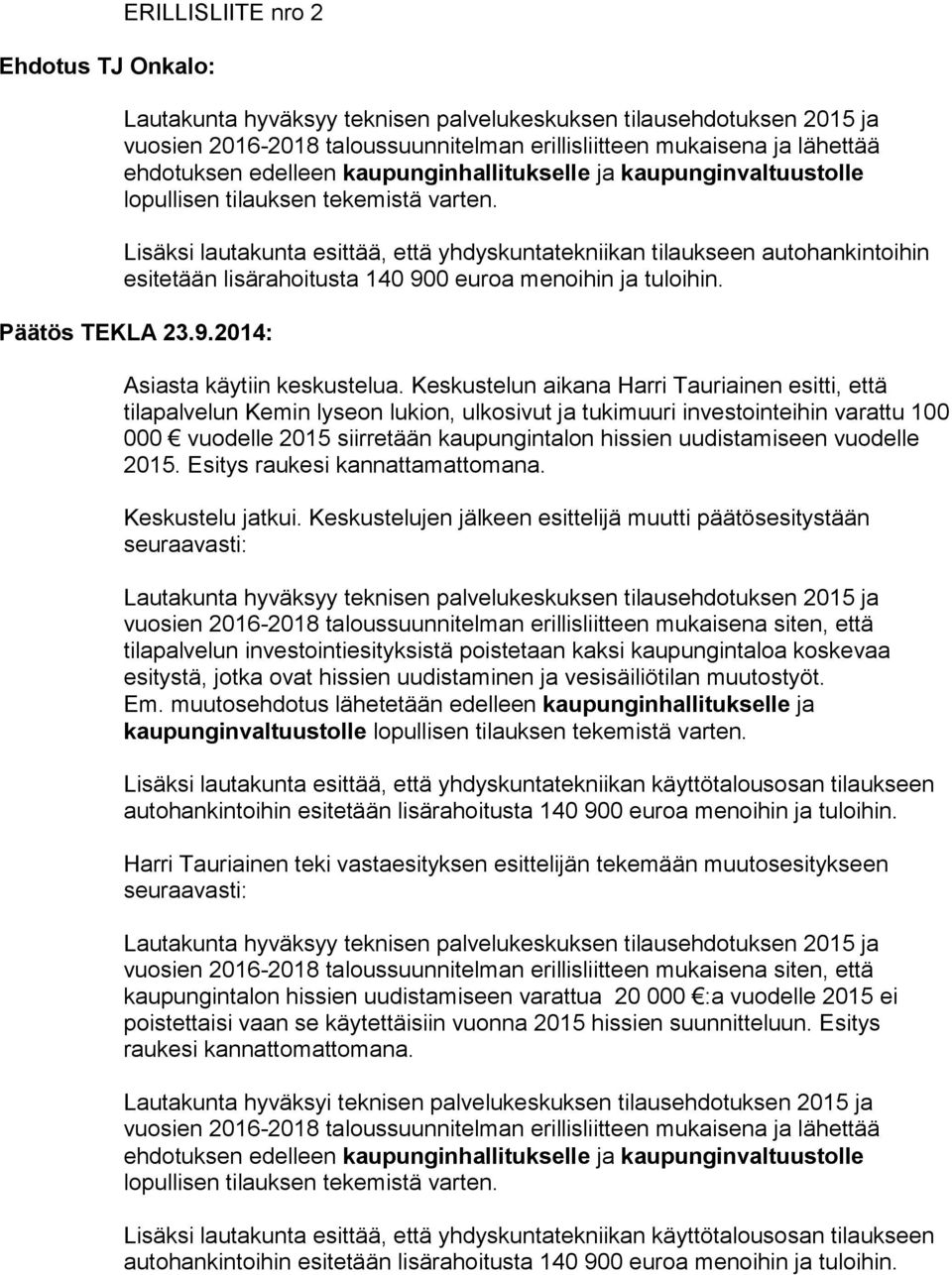Keskustelun aikana Harri Tauriainen esitti, että tilapalvelun Kemin lyseon lukion, ulkosivut ja tukimuuri investointeihin varattu 100 000 vuodelle 2015 siirretään kaupungintalon hissien uudistamiseen