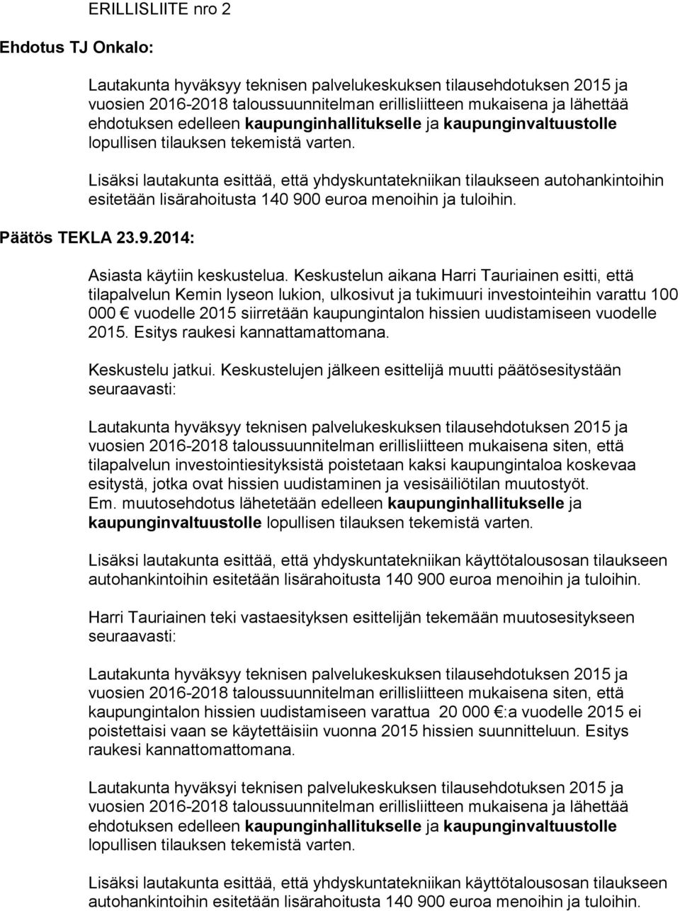 Keskustelun aikana Harri Tauriainen esitti, että tilapalvelun Kemin lyseon lukion, ulkosivut ja tukimuuri investointeihin varattu 100 000 vuodelle 2015 siirretään kaupungintalon hissien uudistamiseen