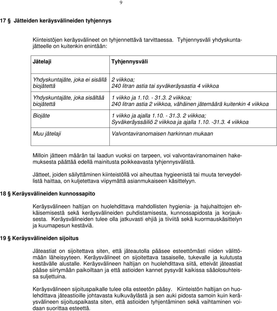 litran astia tai syväkeräysastia 4 viikkoa 1 viikko ja 1.10. - 31.3. 2 viikkoa; 240 litran astia 2 viikkoa, vähäinen jätemäärä kuitenkin 4 viikkoa 1 viikko ja ajalla 1.10. - 31.3. 2 viikkoa; Syväkeräyssäiliö 2 viikkoa ja ajalla 1.