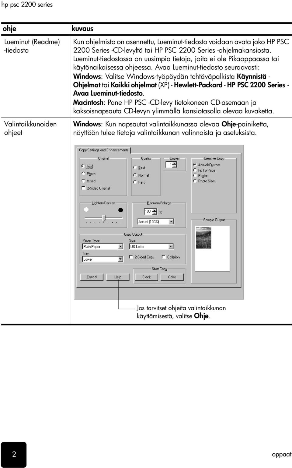 Avaa Lueminut-tiedosto seuraavasti: Windows: Valitse Windows-työpöydän tehtäväpalkista Käynnistä - Ohjelmat tai Kaikki ohjelmat (XP) - Hewlett-Packard - HP PSC 2200 Series - Avaa Lueminut-tiedosto.