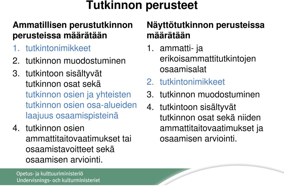 tutkinnon osien ammattitaitovaatimukset tai osaamistavoitteet sekä osaamisen arviointi. Näyttötutkinnon perusteissa määrätään 1.