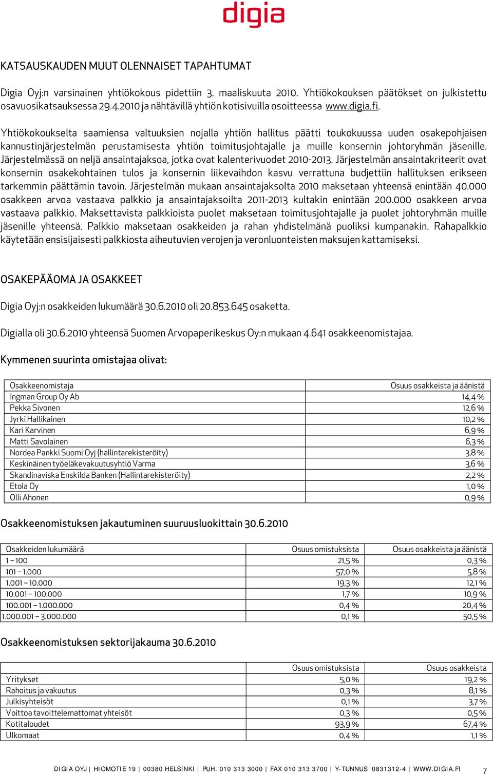 Yhtiökokoukselta saamiensa valtuuksien nojalla yhtiön hallitus päätti toukokuussa uuden osakepohjaisen kannustinjärjestelmän perustamisesta yhtiön toimitusjohtajalle ja muille konsernin johtoryhmän