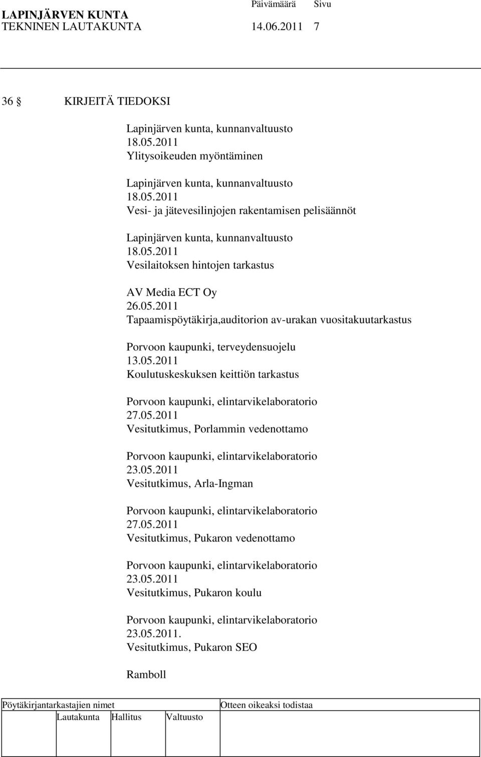 05.2011 Vesitutkimus, Porlammin vedenottamo Porvoon kaupunki, elintarvikelaboratorio 23.05.2011 Vesitutkimus, Arla-Ingman Porvoon kaupunki, elintarvikelaboratorio 27.05.2011 Vesitutkimus, Pukaron vedenottamo Porvoon kaupunki, elintarvikelaboratorio 23.