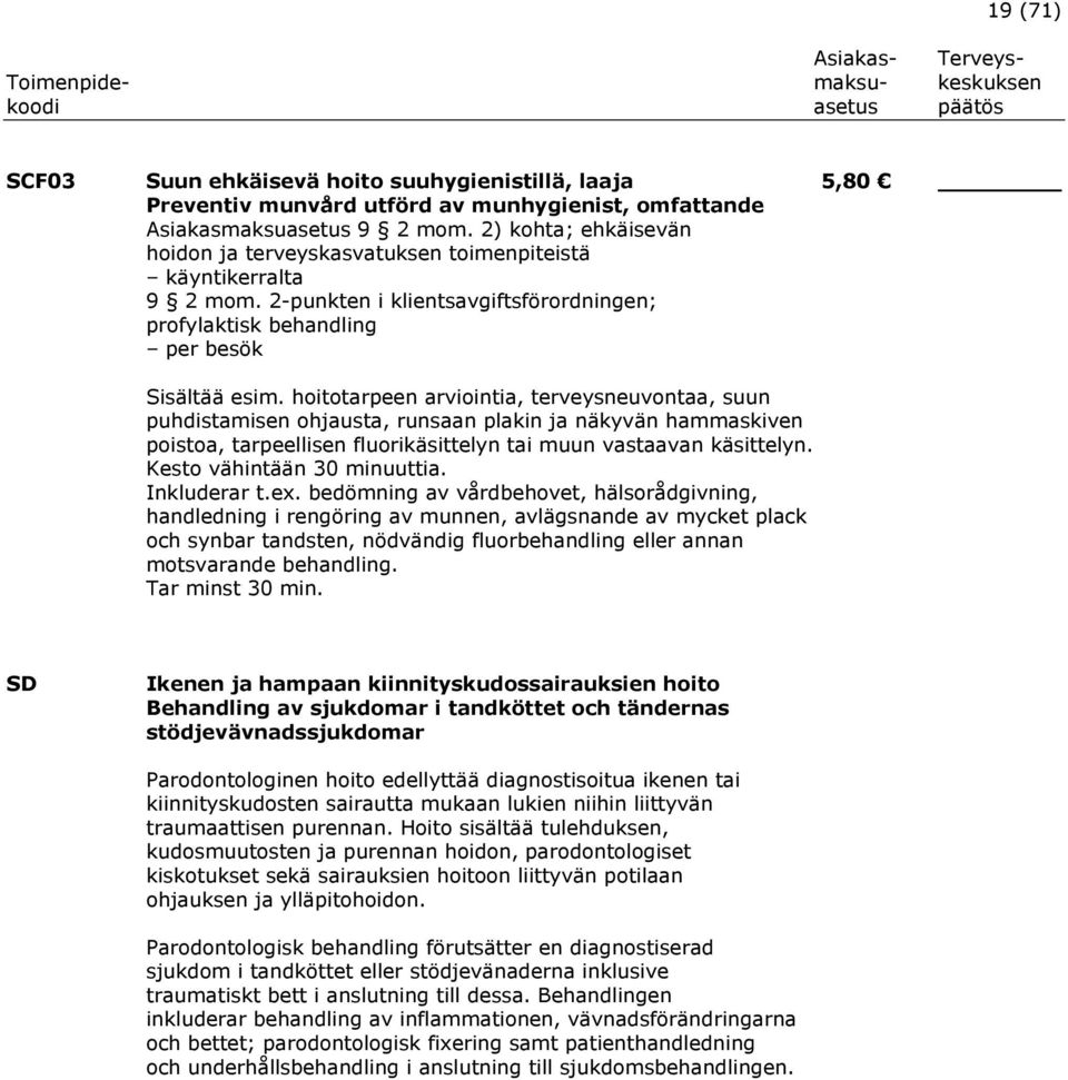 hoitotarpeen arviointia, terveysneuvontaa, suun puhdistamisen ohjausta, runsaan plakin ja näkyvän hammaskiven poistoa, tarpeellisen fluorikäsittelyn tai muun vastaavan käsittelyn.