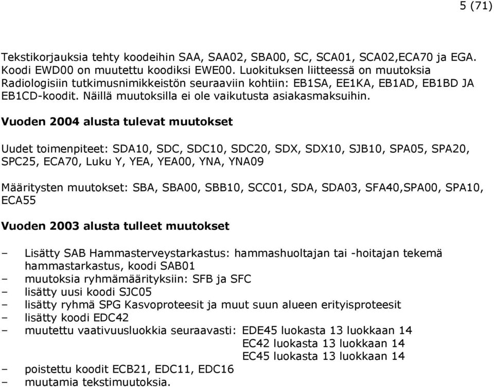 Vuoden 2004 alusta tulevat muutokset Uudet toimenpiteet: SDA10, SDC, SDC10, SDC20, SDX, SDX10, SJB10, SPA05, SPA20, SPC25, ECA70, Luku Y, YEA, YEA00, YNA, YNA09 Määritysten muutokset: SBA, SBA00,