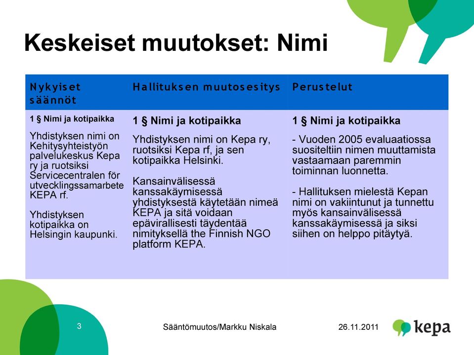 Kansainvälisessä kanssakäymisessä yhdistyksestä käytetään nimeä KEPA ja sitä voidaan epävirallisesti täydentää nimityksellä the Finnish NGO platform KEPA.