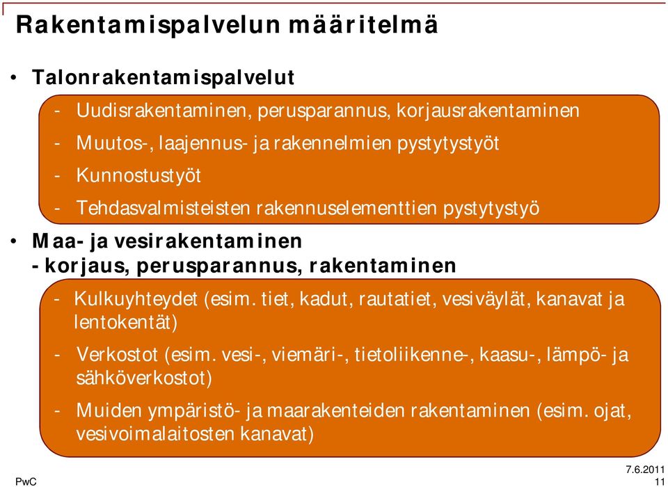 perusparannus, rakentaminen - Kulkuyhteydet (esim. tiet, kadut, rautatiet, vesiväylät, kanavat ja lentokentät) - Verkostot (esim.