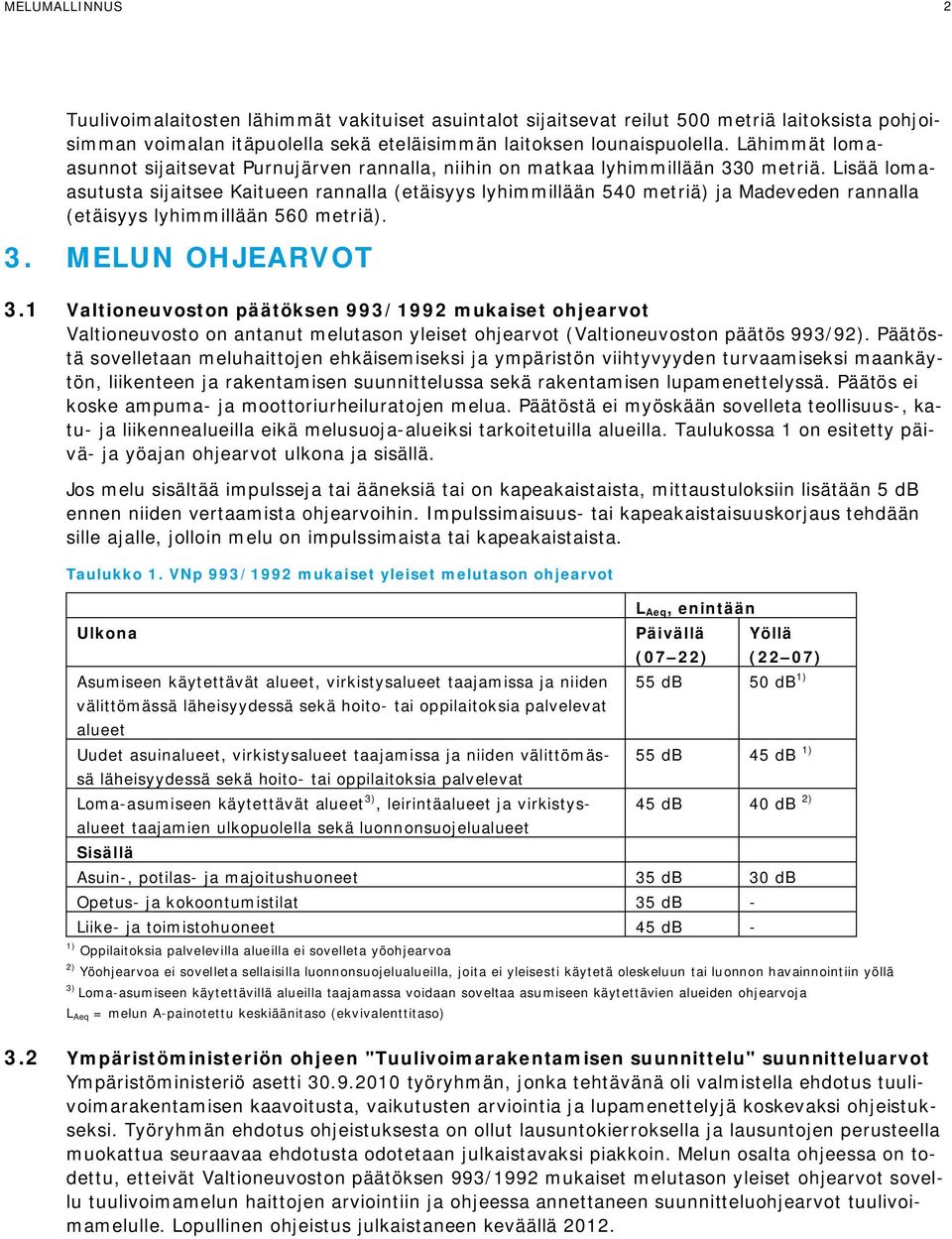 Lisää lomaasutusta sijaitsee Kaitueen rannalla (etäisyys lyhimmillään 540 metriä) ja Madeveden rannalla (etäisyys lyhimmillään 560 metriä). 3. MELUN OHJEARVOT 3.