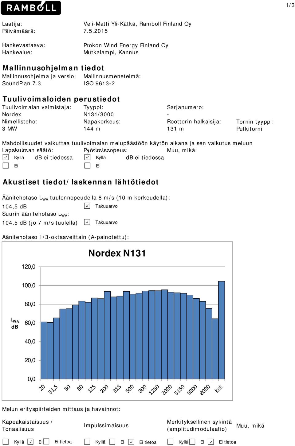 3 Mallinnusmenetelmä: ISO 9613-2 Tuulivoimaloiden perustiedot Tuulivoimalan valmistaja: Nordex Nimellisteho: 3 MW Tyyppi: N131/3000 Napakorkeus: 144 m Sarjanumero: - Roottorin halkaisija: 131 m