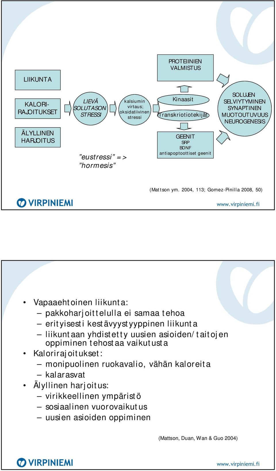 2004, 113; Gomez-Pinilla 2008, 50) Vapaaehtoinen liikunta: pakkoharjoittelulla ei samaa tehoa erityisesti kestävyystyyppinen liikunta liikuntaan yhdistetty uusien