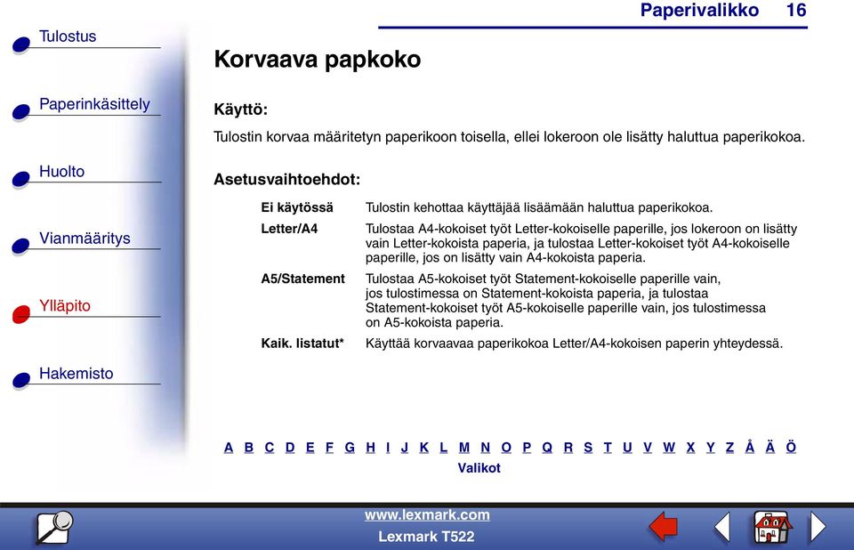 Tulostaa A4-kokoiset työt Letter-kokoiselle paperille, jos lokeroon on lisätty vain Letter-kokoista paperia, ja tulostaa Letter-kokoiset työt A4-kokoiselle paperille, jos on