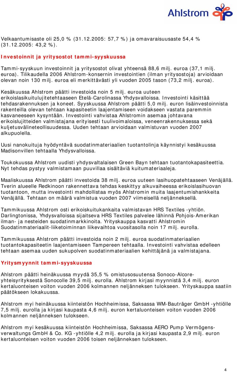 Tilikaudella 2006 Ahlstrom-konsernin investointien (ilman yritysostoja) arvioidaan olevan noin 130 milj. euroa eli merkittävästi yli vuoden 2005 tason (73,2 milj. euroa).