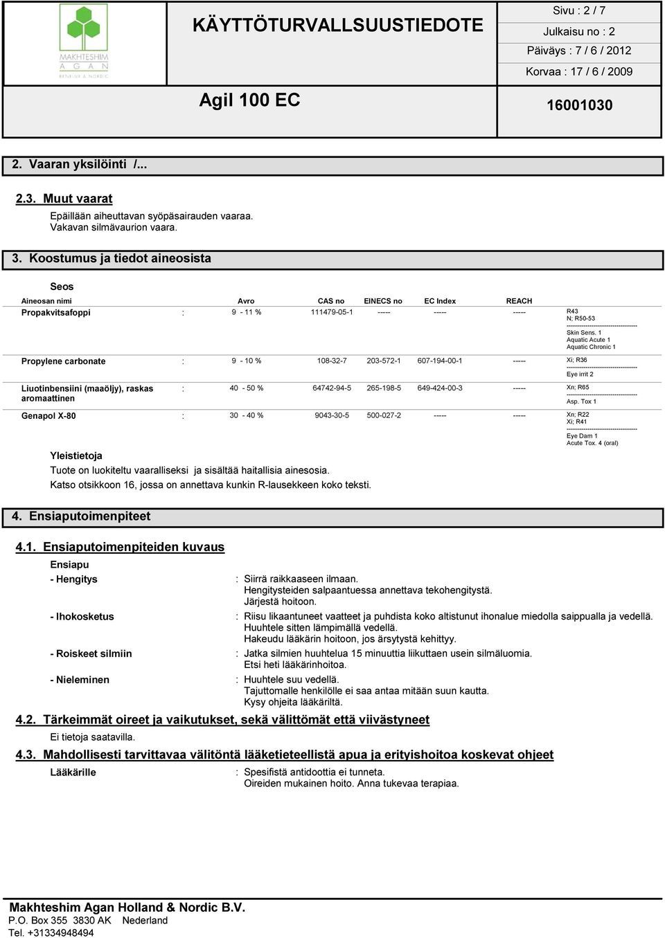 1 Aquatic Acute 1 Aquatic Chronic 1 Propylene carbonate : 9-10 % 108-32-7 203-572-1 607-194-00-1 ----- Xi; R36 Eye irrit 2 Liuotinbensiini (maaöljy), raskas : 40-50 % 64742-94-5 265-198-5