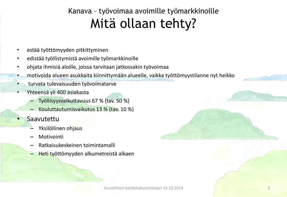 motivoida alueen asukkaita kiinnittymään alueelle, vaikka työttömyystilanne nyt heikko turvata tulevaisuuden työvoimatarve Yhteensä yli 400