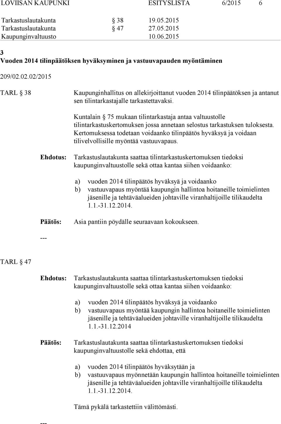 02.02/2015 TARL 38 Kaupunginhallitus on allekirjoittanut vuoden 2014 tilinpäätöksen ja antanut sen tilintarkastajalle tarkastettavaksi.