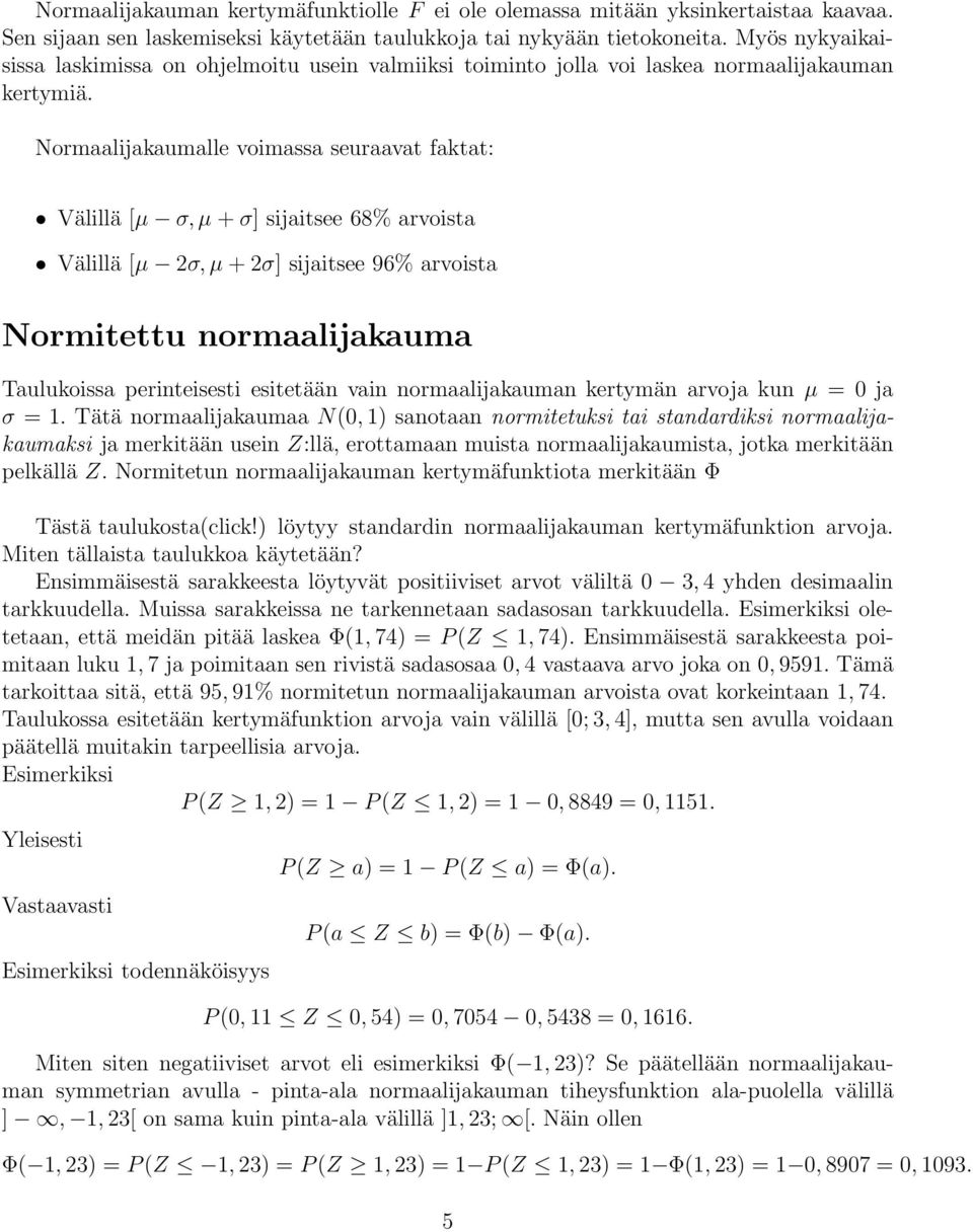 Normaalijakaumalle voimassa seuraavat faktat: Välillä [µ σ,µ+σ] sijaitsee 68% arvoista Välillä [µ 2σ,µ+2σ] sijaitsee 96% arvoista Normitettu normaalijakauma Taulukoissa perinteisesti esitetään vain