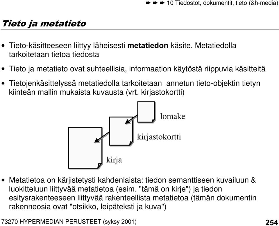 metatiedolla tarkoitetaan annetun tieto-objektin tietyn kiinteän mallin mukaista kuvausta (vrt.