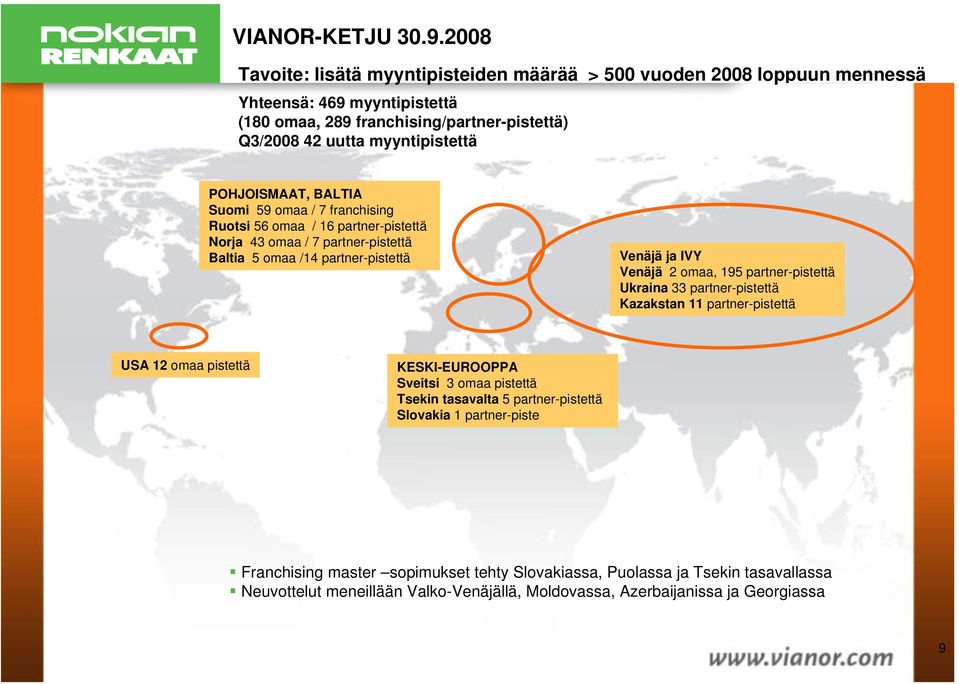 POHJOISMAAT, BALTIA Suomi 59 omaa / 7 franchising Ruotsi 56 omaa / 16 partner-pistettä Norja 43 omaa / 7 partner-pistettä Baltia 5 omaa /14 partner-pistettä Venäjä ja IVY Venäjä 2 omaa,