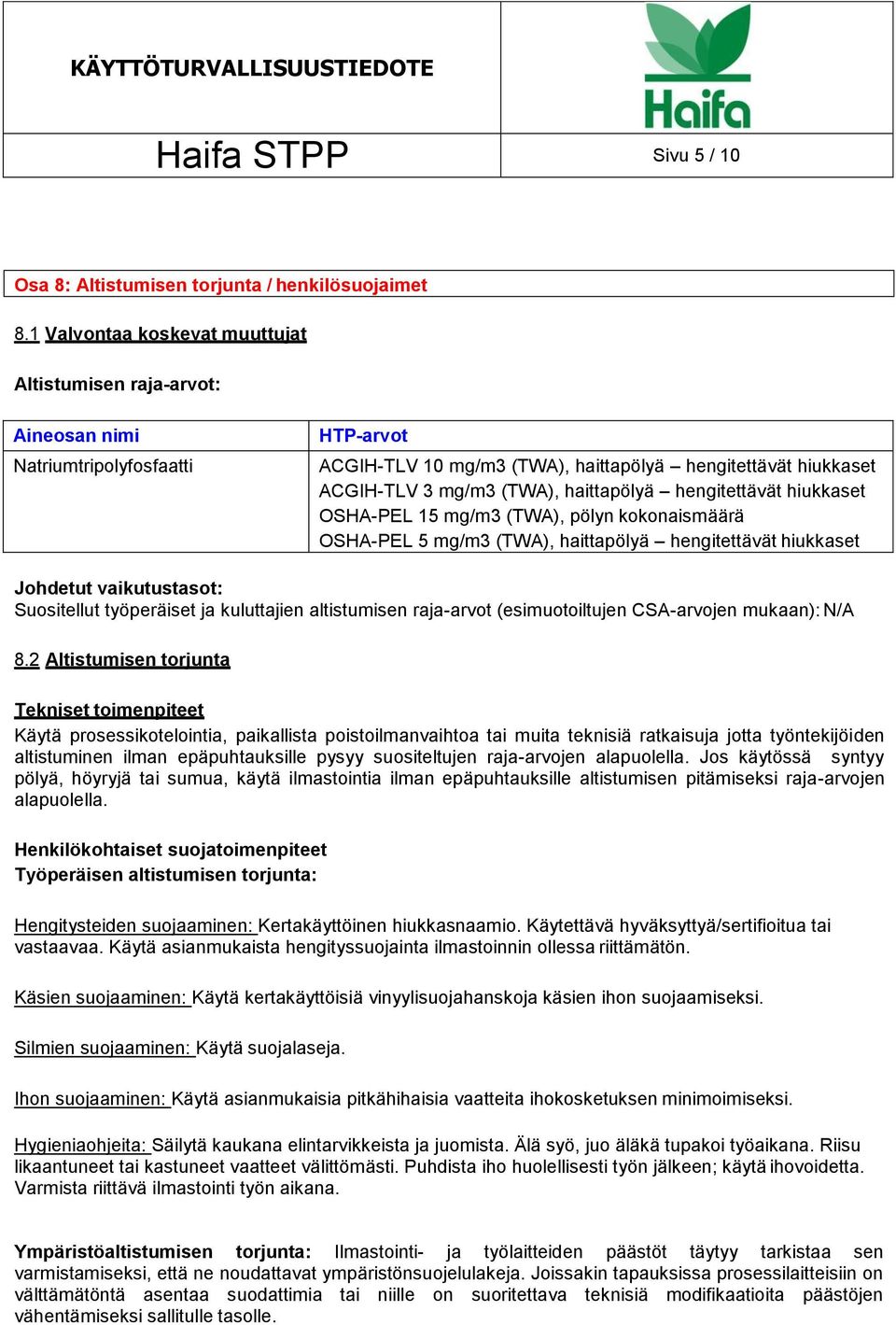 haittapölyä hengitettävät hiukkaset OSHA-PEL 15 mg/m3 (TWA), pölyn kokonaismäärä OSHA-PEL 5 mg/m3 (TWA), haittapölyä hengitettävät hiukkaset Johdetut vaikutustasot: Suositellut työperäiset ja