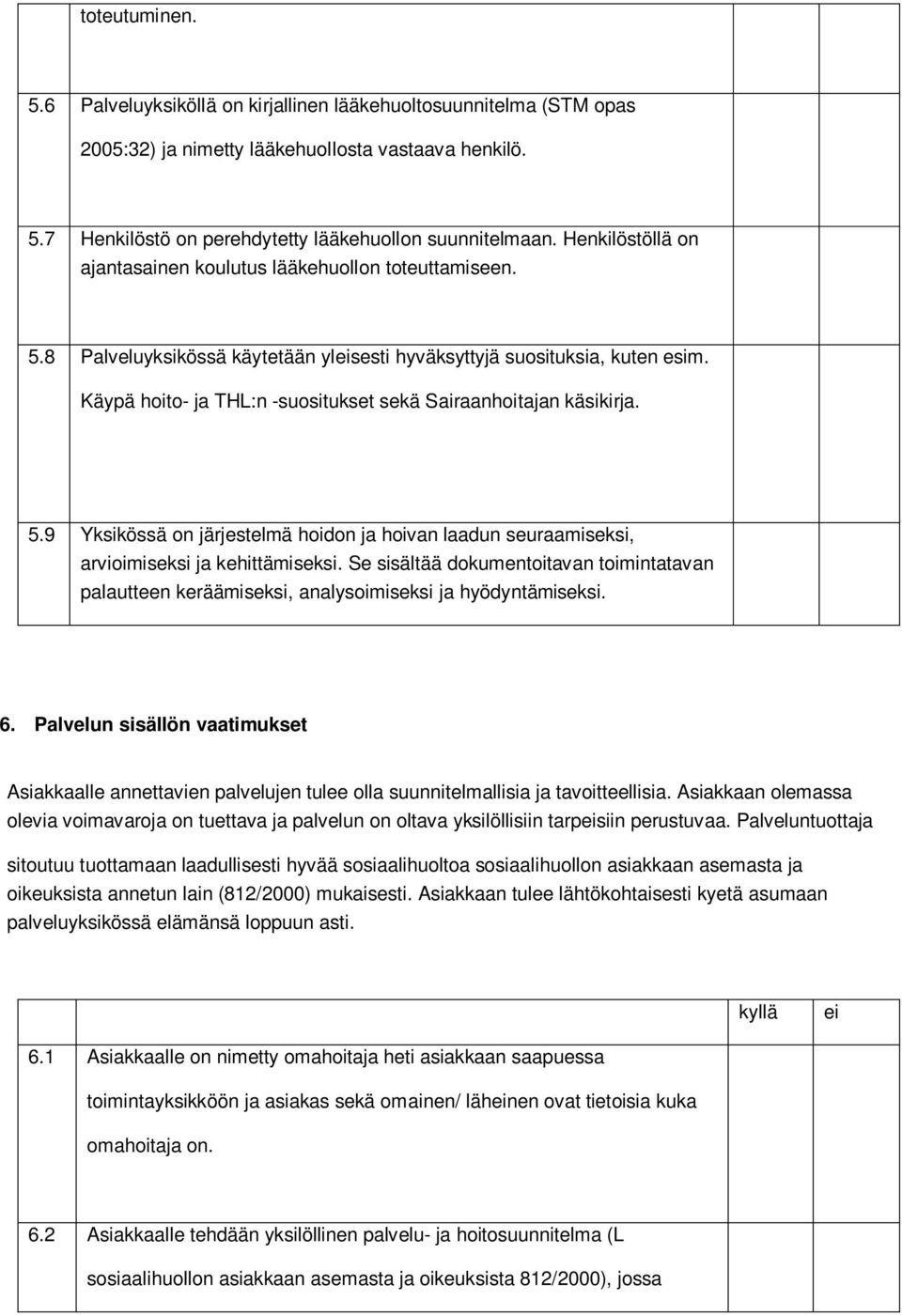 Käypä hoito- ja THL:n -suositukset sekä Sairaanhoitajan käsikirja. 5.9 Yksikössä on järjestelmä hoidon ja hoivan laadun seuraamiseksi, arvioimiseksi ja kehittämiseksi.