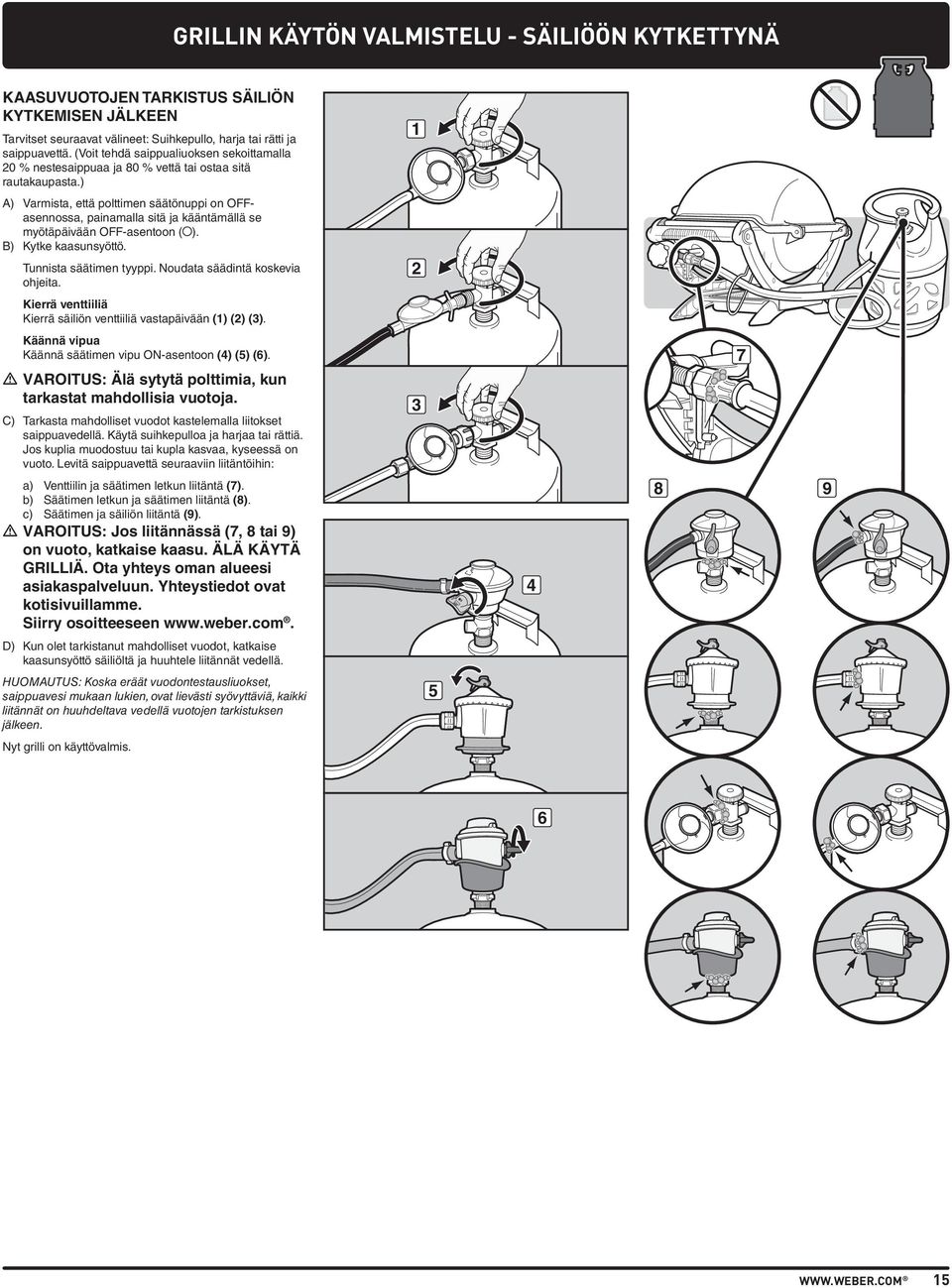 ) A) Varmista, että polttimen säätönuppi on OFFasennossa, painamalla sitä ja kääntämällä se myötäpäivään OFF-asentoon ( ). B) Kytke kaasunsyöttö. Tunnista säätimen tyyppi.