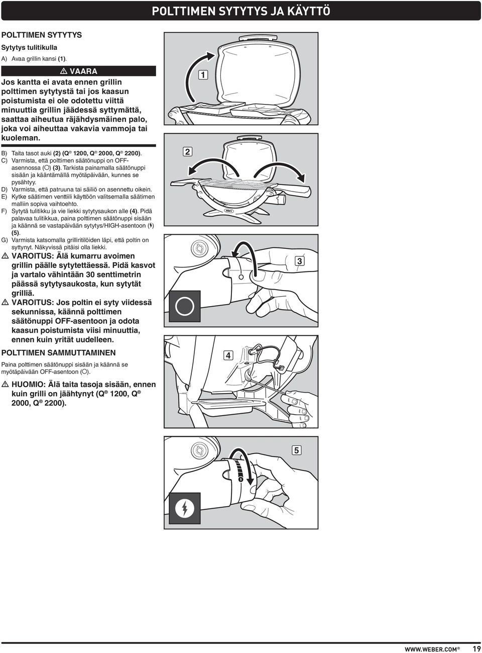 aiheuttaa vakavia vammoja tai kuoleman. B) Taita tasot auki () (Q 00, Q 000, Q 00). C) Varmista, että polttimen säätönuppi on OFFasennossa ( ) ().