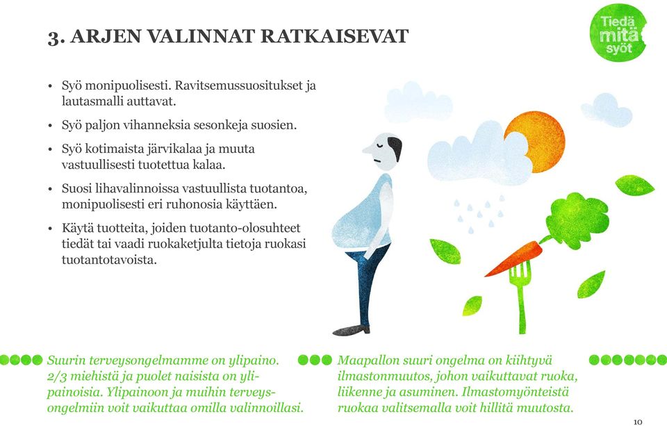 Käytä tuotteita, joiden tuotanto-olosuhteet tiedät tai vaadi ruokaketjulta tietoja ruokasi tuotantotavoista. Suurin terveysongelmamme on ylipaino.