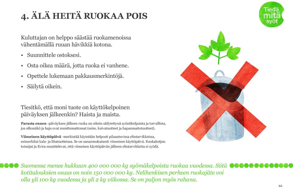 Parasta ennen -päiväyksen jälkeen ruoka on oikein säilytettynä syöntikelpoista ja turvallista, jos ulkonäkö ja haju ovat muuttumattomat (esim. kuivatuotteet ja hapanmaitotuotteet).