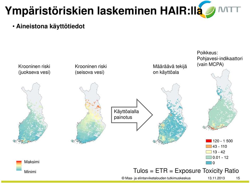 Poikkeus: Pohjavesi-indikaattori (vain MCPA) Käyttöalalla painotus Maksimi Minimi