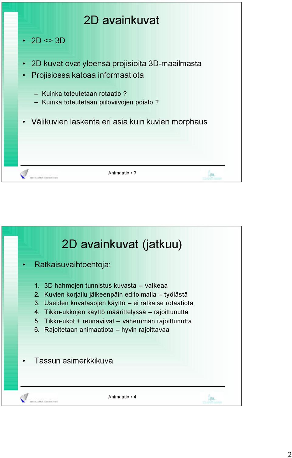 3D hahmojen tunnistus kuvasta vaikeaa 2. Kuvien korjailu jälkeenpäin editoimalla työlästä 3. Useiden kuvatasojen käyttö ei ratkaise rotaatiota 4.