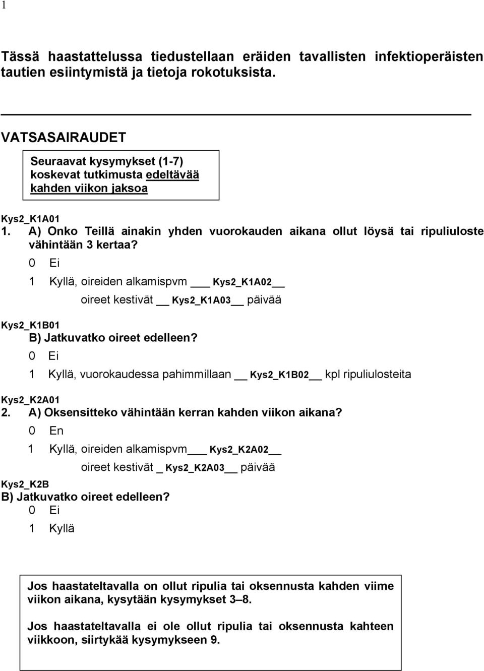 A) Onko Teillä ainakin yhden vuorokauden aikana ollut löysä tai ripuliuloste vähintään 3 kertaa?