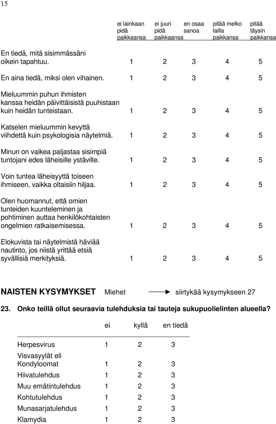 1 2 3 4 5 Katselen mieluummin kevyttä viihdettä kuin psykologisia näytelmiä. 1 2 3 4 5 Minun on vaikea paljastaa sisimpiä tuntojani edes läheisille ystäville.