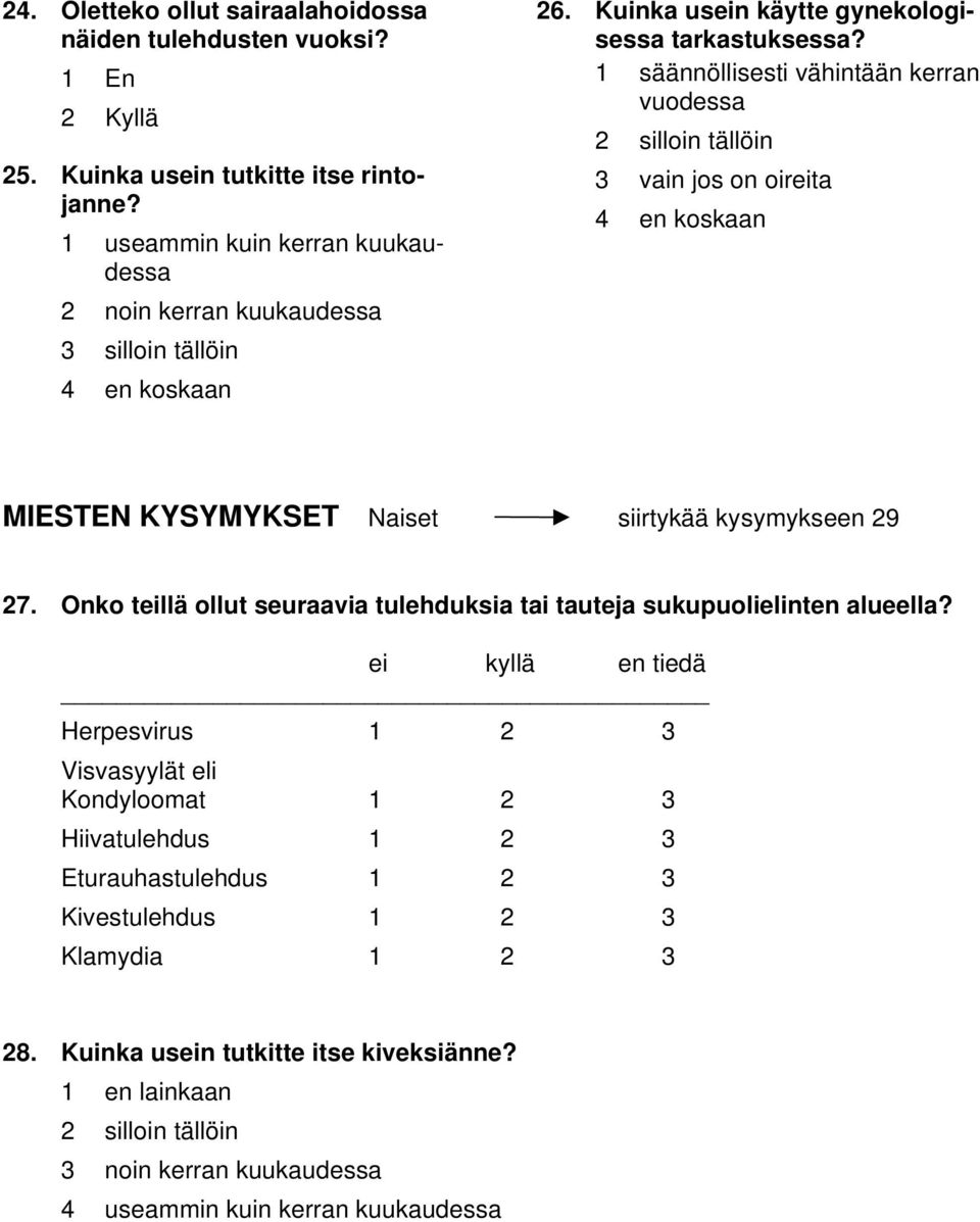 1 säännöllisesti vähintään kerran vuodessa 2 silloin tällöin 3 vain jos on oireita 4 en koskaan MIESTEN KYSYMYKSET Naiset siirtykää kysymykseen 29 27.