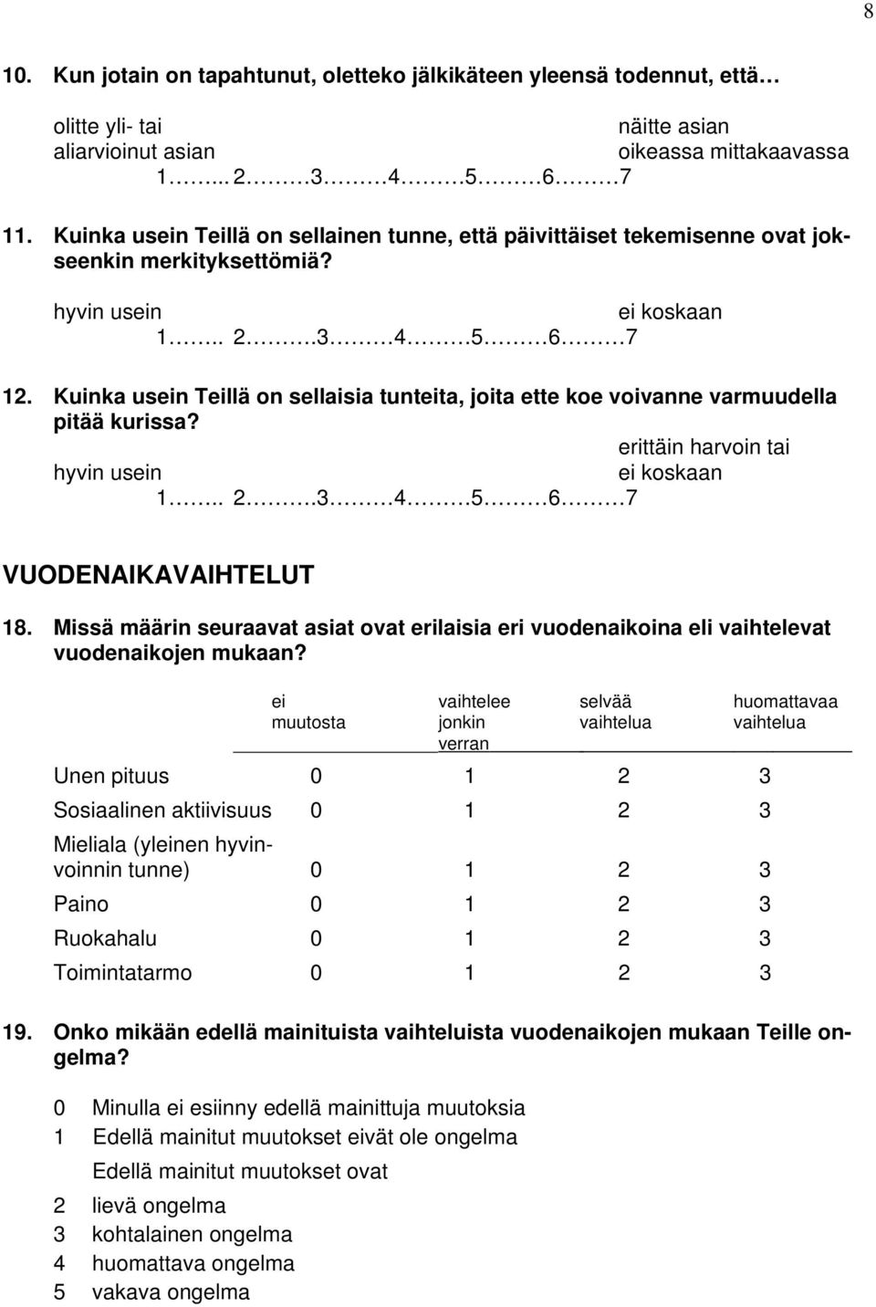 Kuinka usein Teillä on sellaisia tunteita, joita ette koe voivanne varmuudella pitää kurissa? erittäin harvoin tai hyvin usein ei koskaan 1.. 2.3 4 5 6 7 VUODENAIKAVAIHTELUT 18.