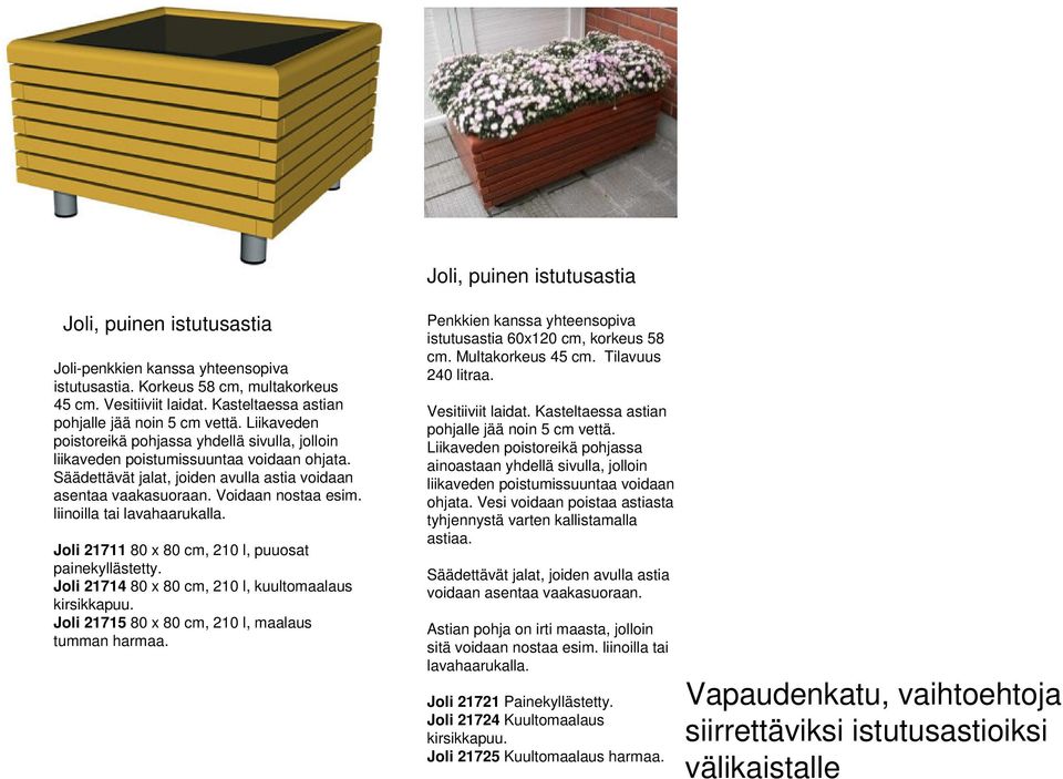 Säädettävät jalat, joiden avulla astia voidaan asentaa vaakasuoraan. Voidaan nostaa esim. liinoilla tai lavahaarukalla. Joli 21711 80 x 80 cm, 210 l, puuosat painekyllästetty.