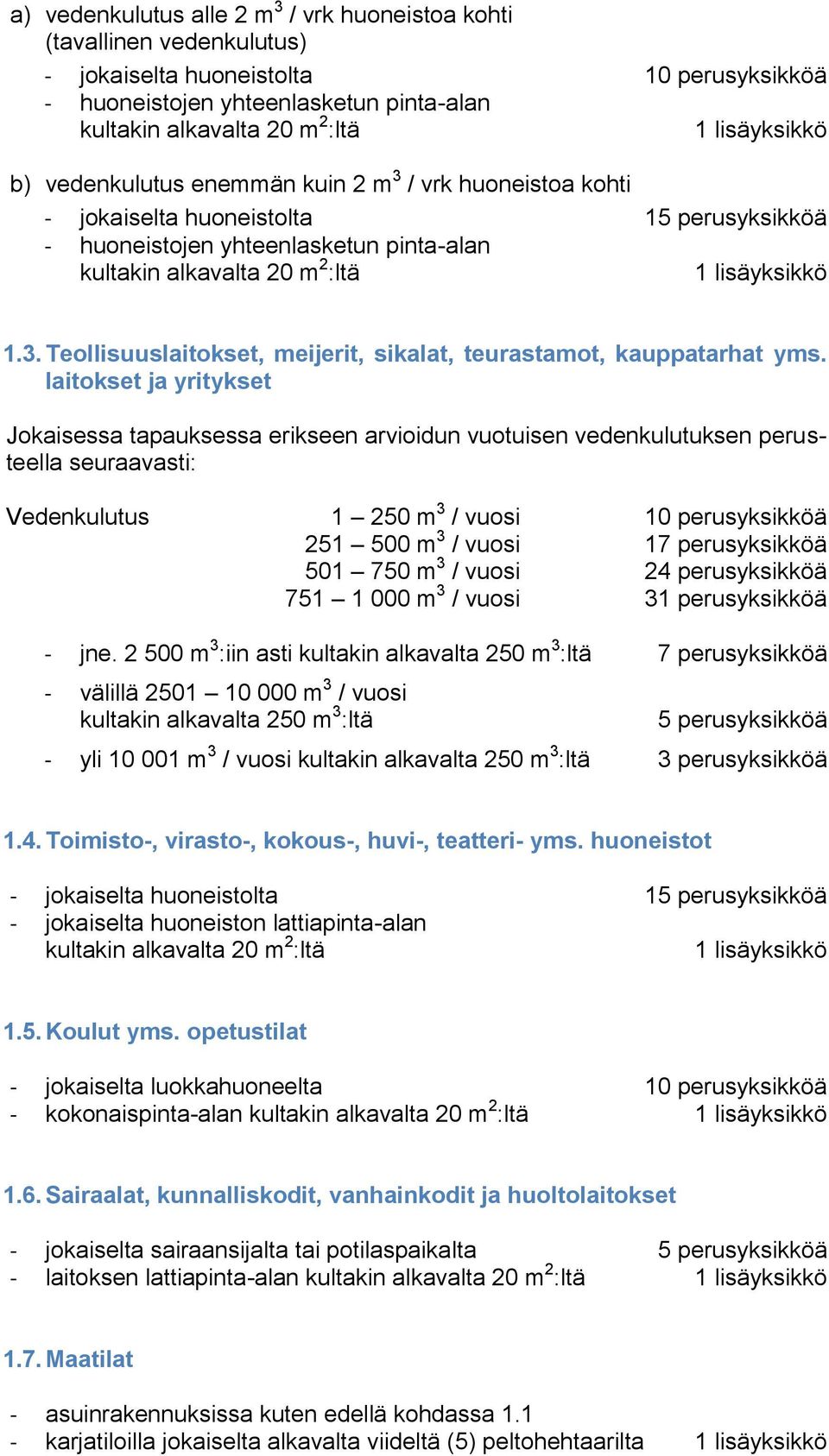 laitokset ja yritykset Jokaisessa tapauksessa erikseen arvioidun vuotuisen vedenkulutuksen perusteella seuraavasti: Vedenkulutus 1 250 m 3 / vuosi 10 perusyksikköä 251 500 m 3 / vuosi 17