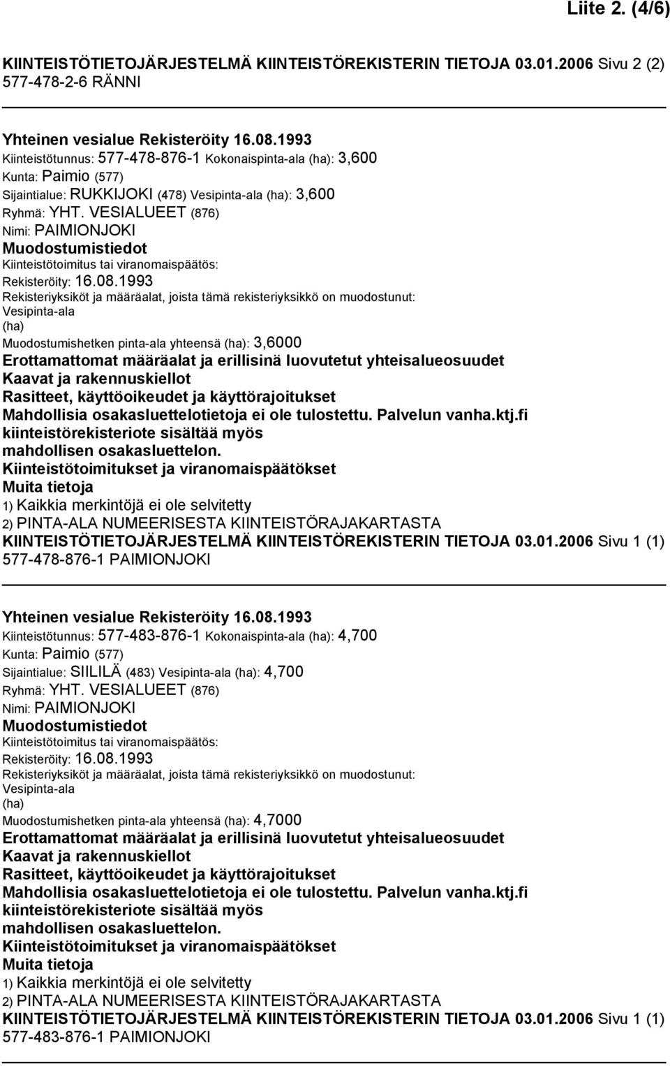 RUKKIJOKI (478) : 3,600 Muodostumishetken pinta-ala yhteensä : 3,6000 577-478-876-1 PAIMIONJOKI