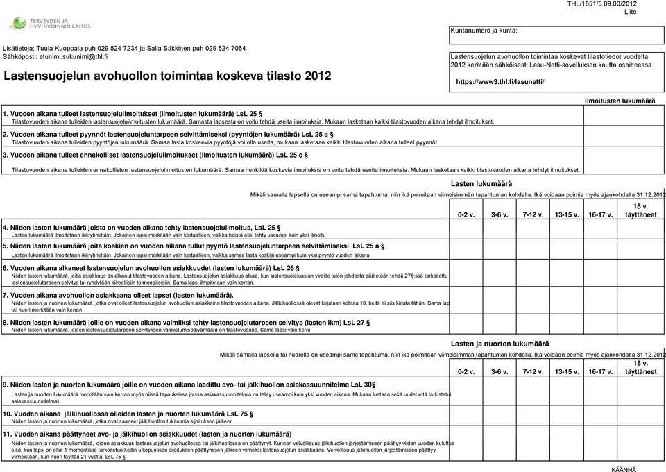 https://www3.thl.fi/lasunetti/ Ilmoitusten lukumäärä 1. Vuoden aikana tulleet lastensuojeluilmoitukset (ilmoitusten lukumäärä) LsL 25 Tilastovuoden aikana tulleiden lastensuojeluilmoitusten lukumäärä.